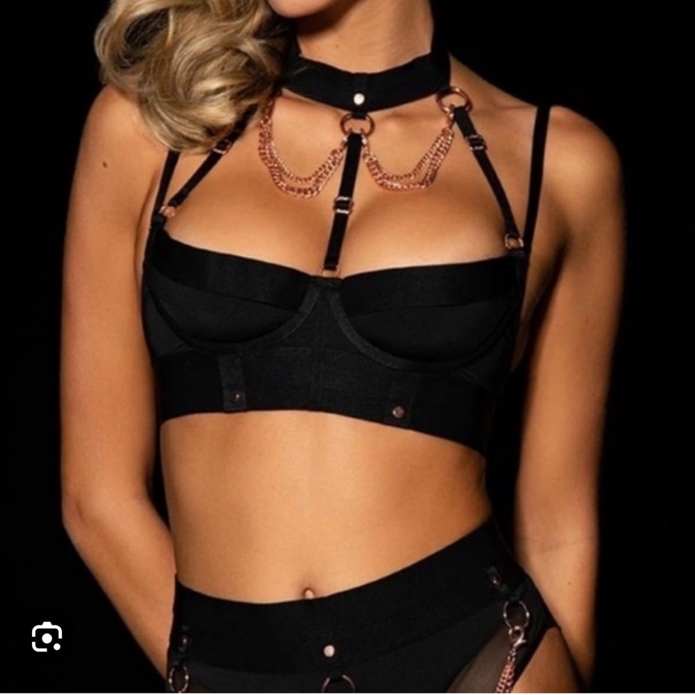Rare Honey birdette rose gold bondage Black Strappy bra miss k 32c